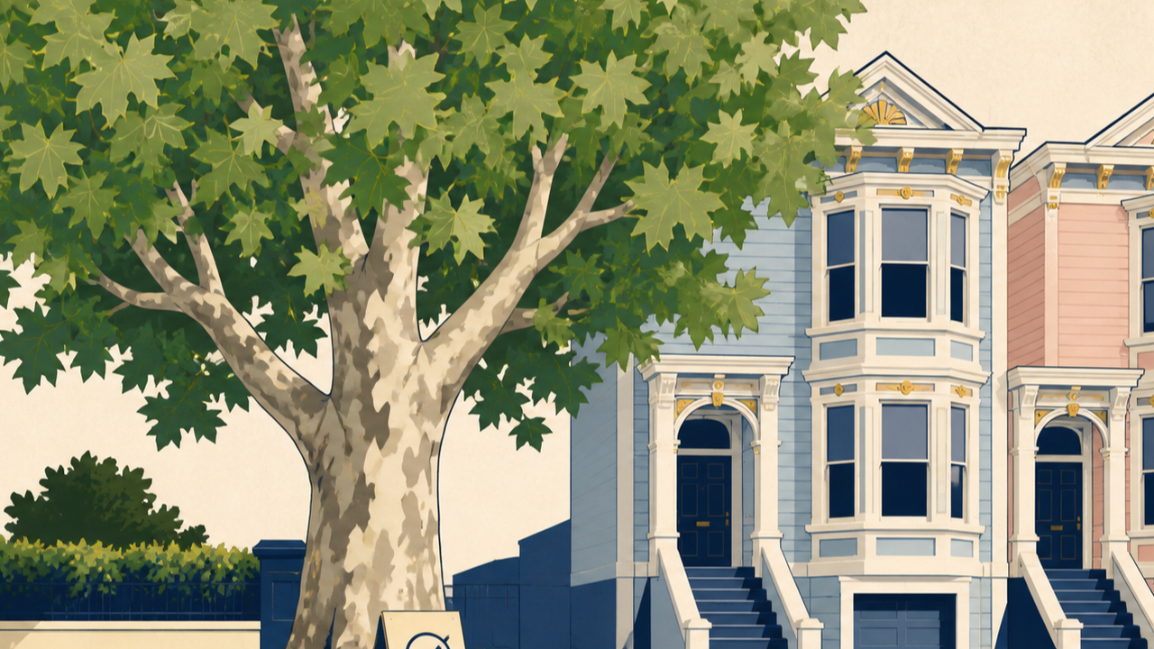 Illustration of a sycamore street tree outside San Francisco rowhouses
