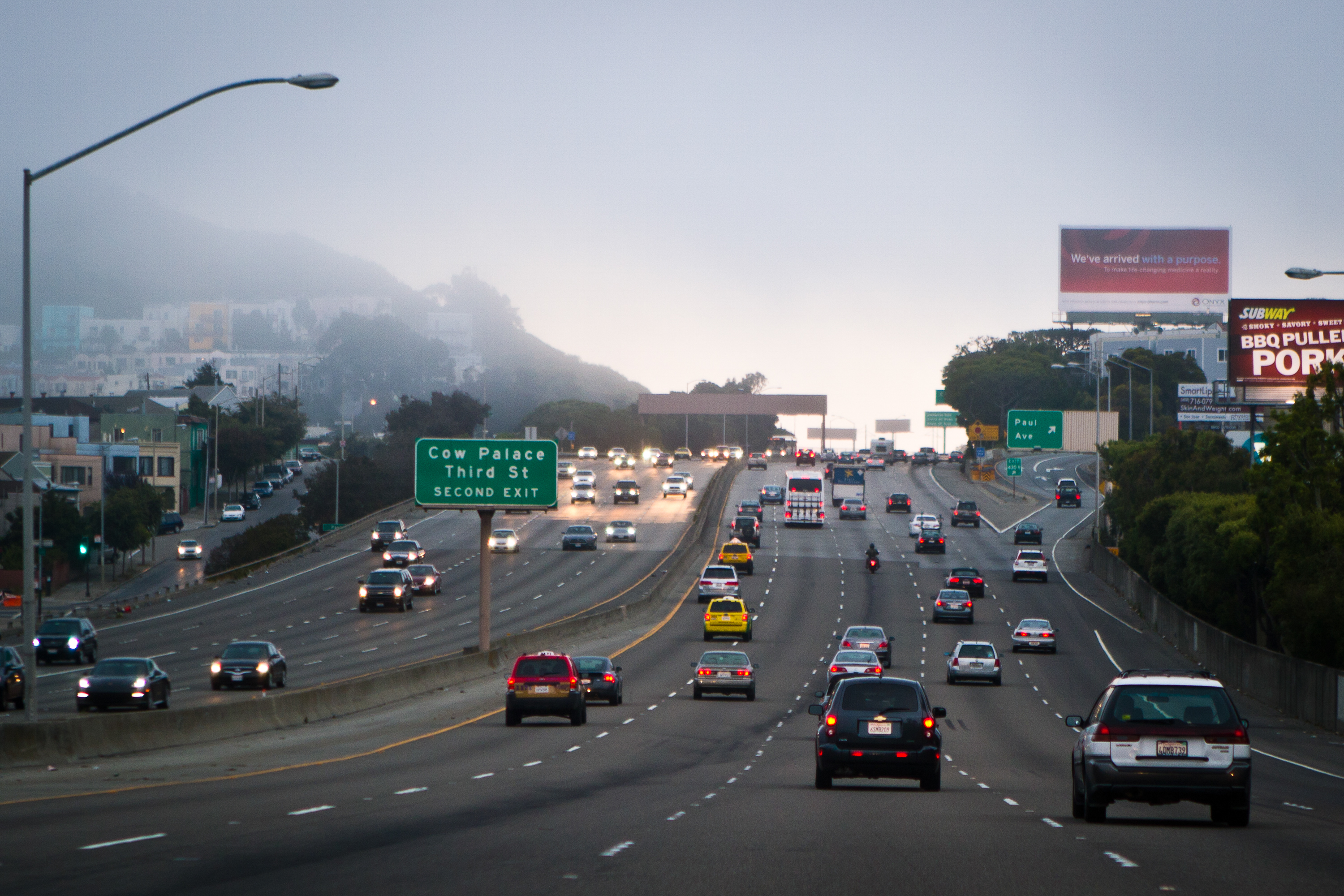 The Bayshore Freeway, U.S. 101, in San Francisco on a foggy day